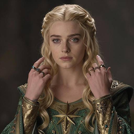 Medieval Fantasy Woman in Green and Gold Costume