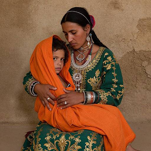 Gypsy Woman in Green Dress Holding Child Wrapped in Orange Cloth