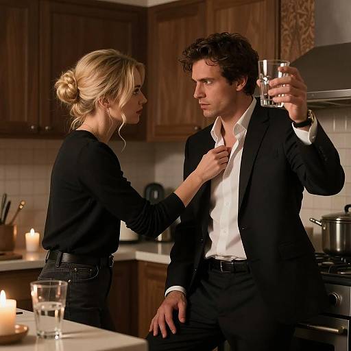 Intimate Moment in a Dim Kitchen