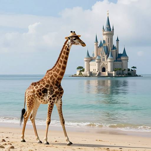 Giraffe on Beach with Floating Castle