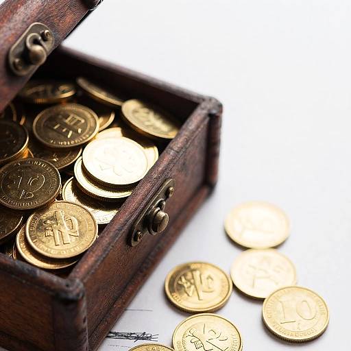 Photograph of an open, worn wooden chest filled with scattered gold coins on a white surface, highlighting their shiny, textured surfaces.