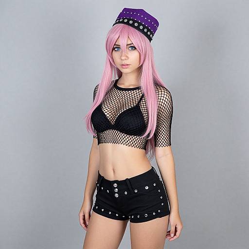 Digital CGI image of a pink-haired woman in a mesh crop top, black bra, black button shorts, and purple polka-dot hat.
