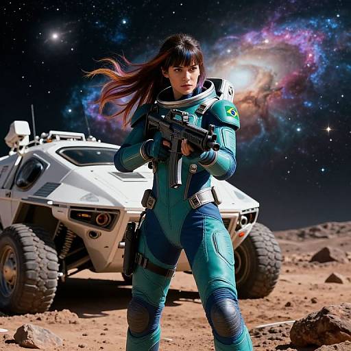 Photorealistic digital artwork of a fierce Asian woman in blue spacesuit, holding a rifle, standing in front of a white all-terrain vehicle on