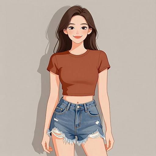 Digital anime-style drawing of a smiling woman with long brown hair, wearing a red crop top and distressed blue denim shorts.