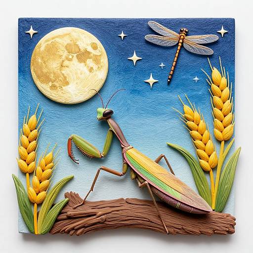 Digital collage of a colorful praying mantis on a wooden branch, with golden wheat, a blue gradient sky, full moon, dragonfly, and stars