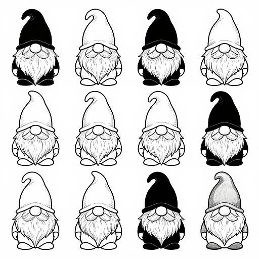 Black-and-white digital drawing of sixteen gnomes in a 4x4 grid, each with different hat styles and beards, sitting cross-legged