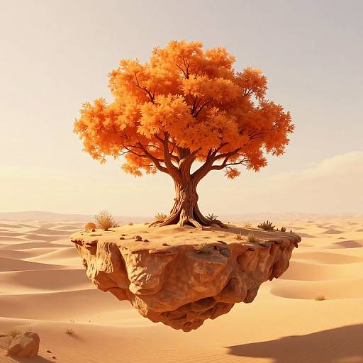 Photorealistic CGI of a solitary, vibrant orange-leaved tree with a thick trunk, floating on a rocky desert island amidst golden sand dunes under