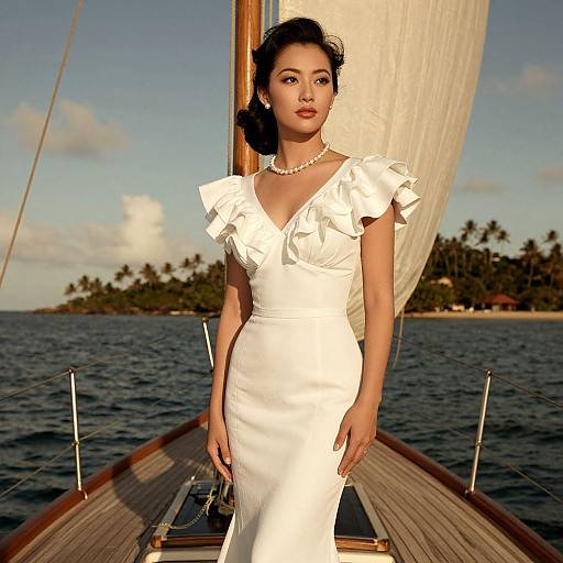 Photograph of an Asian woman with short black hair in a white, ruffled, form-fitting wedding dress, pearl necklace, standing on a sail