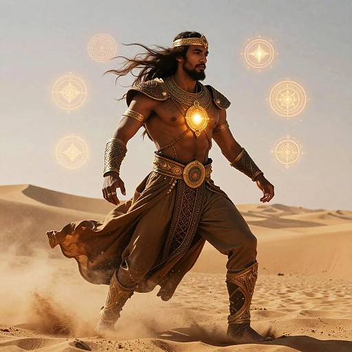 Photograph of a muscular, dark-skinned man with long black hair, wearing ancient warrior attire, glowing magic circles floating around him, standing in a