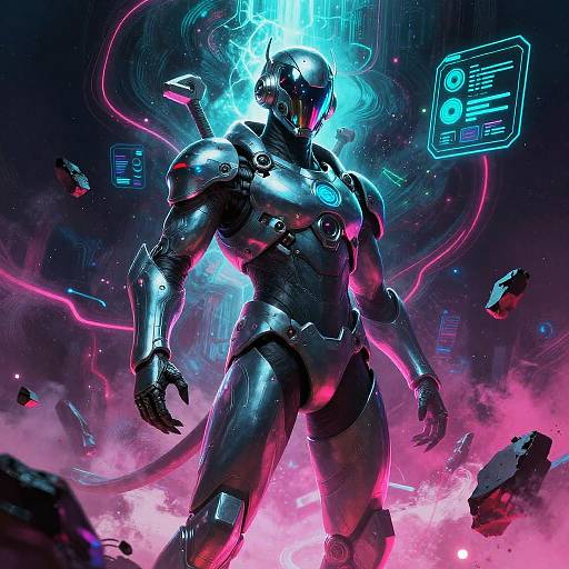 Cybernetic warrior with glowing blue helmet and neon pink accents stands amidst a chaotic, futuristic battlefield with floating debris and holographic displays. Digital art
