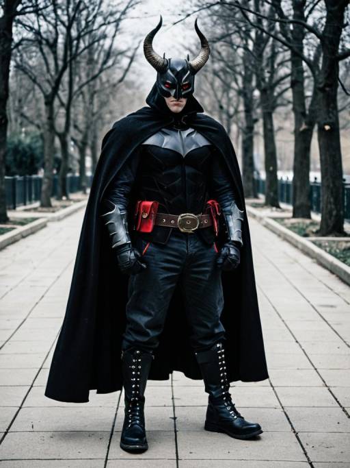 Man in Horned Black Superhero Costume Outdoors