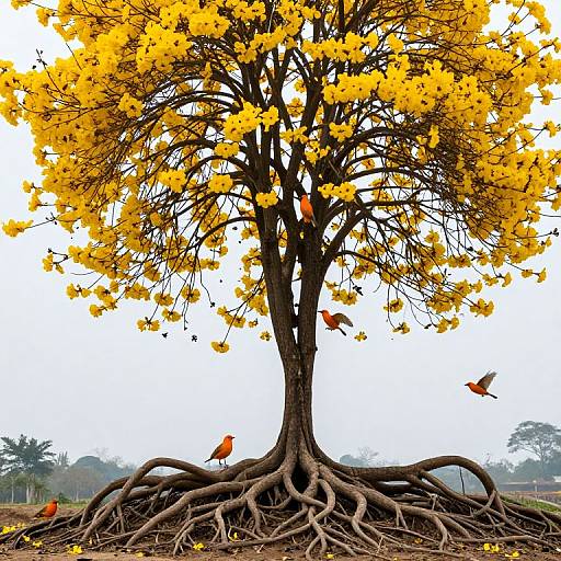 Vibrant Birds Amid Twisting Roots