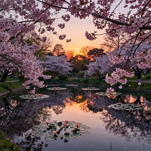 Photograph of a serene pond at sunset, surrounded by blooming pink cherry blossoms, reflecting vibrant orange and purple sky, with lily pads and