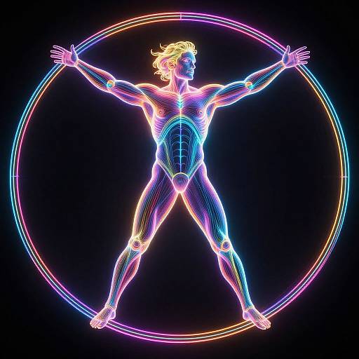 Neon-lit, muscular, male figure with outstretched arms, standing in a glowing, circular ring; vibrant, multicolored digital art