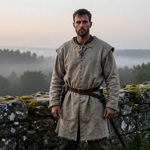 Photograph of a rugged, bearded man in medieval-style, beige tunic with brown belt, standing against a misty stone wall, forested
