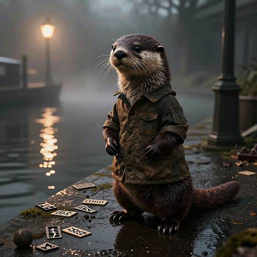 Photorealistic digital art of an otter standing on a wet sidewalk wearing a camo jacket, surrounded by tarot cards, with a glowing street