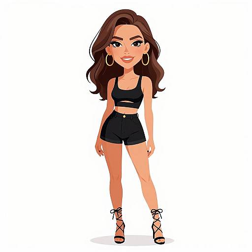 Digital cartoon of a confident, smiling woman with long brown hair, wearing a black crop top, high-waisted shorts, and strappy sandals.