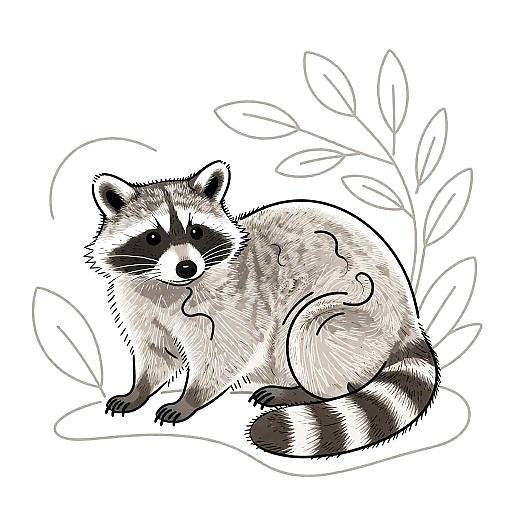 Black-and-white digital drawing of a raccoon with detailed fur texture, sitting on a simple leafy background. Raccoon has a bushy tail