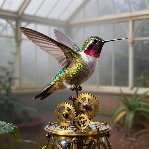 Photograph of a vibrant, iridescent hummingbird perched on golden gears, wings mid-flap, in a misty, glass-enc