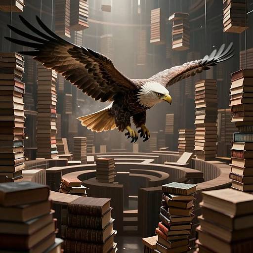 Digital artwork of a majestic bald eagle soaring through a dimly lit library filled with tall, stacked books, sunlight streaming from above.