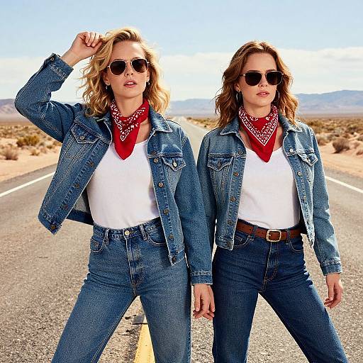 Photograph of two women with wavy hair, wearing denim jackets, white shirts, red bandanas, and sunglasses, standing on a desert road.