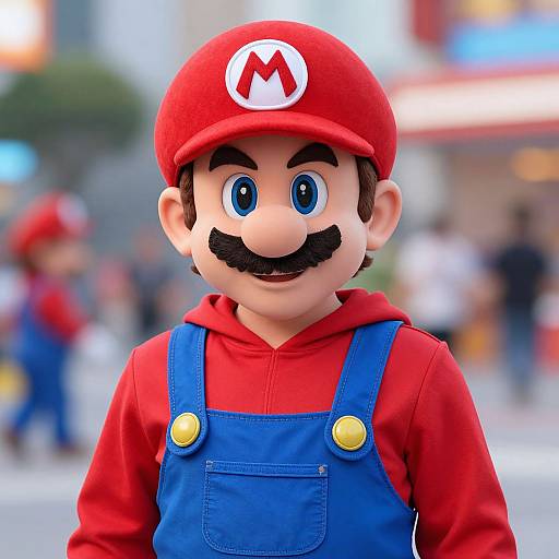 Photograph of a Mario costume: cartoon-style, large-eyed, red hat with 'M', red shirt, blue overalls, black mustache,