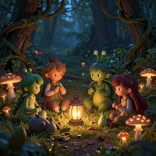 Digital illustration of four whimsical, mushroom-like creatures with antennae, sitting around a lantern in a dark, enchanted forest, surrounded by glowing mushrooms at