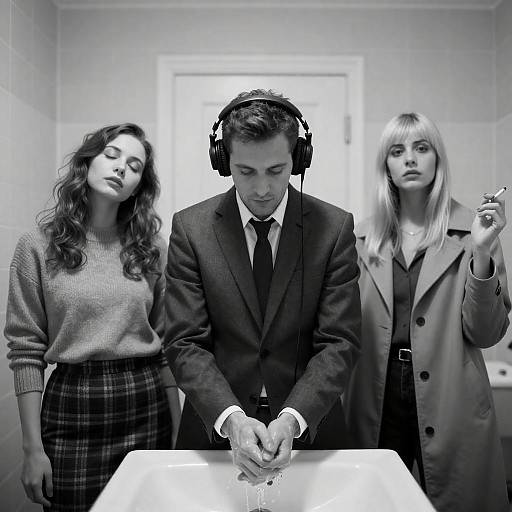 Candid Moments in a Tiled Bathroom