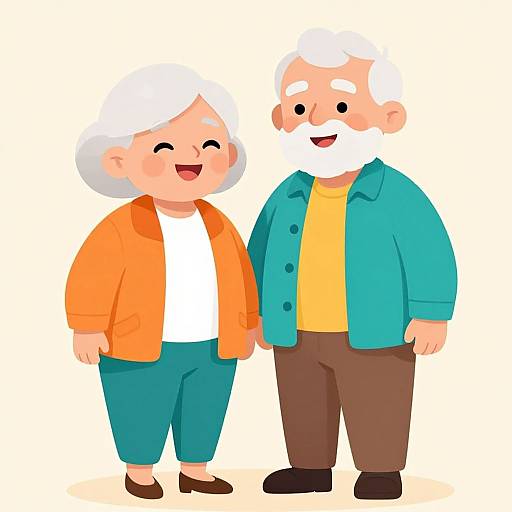 Cartoon illustration of a smiling elderly couple with white hair, the woman in an orange jacket and blue pants, the man in a teal jacket and brown