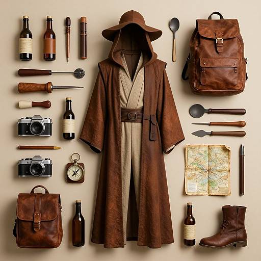 Photograph of a vintage explorer outfit with brown coat, hat, leather backpack, and accessories like cameras, bottles, map, and utensils arranged neatly