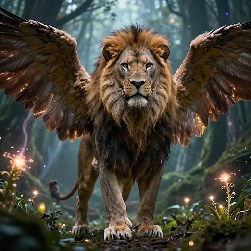 Digital artwork of a majestic lion with large, feathered wings standing in a mystical forest illuminated by glowing fireflies.