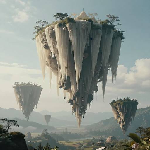 Digital artwork of floating, hang-like plant islands with hanging vines and trees, set against a bright, cloud-filled sky and distant mountains.