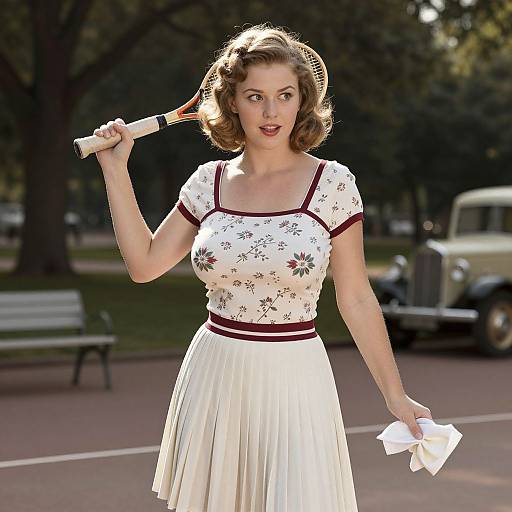1930s-style photograph of a blonde woman with curled hair, wearing a floral white dress and white skirt, holding a tennis racket and a handker