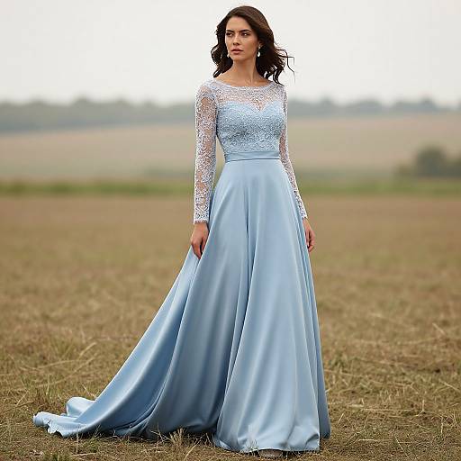 Photograph of a woman in a light blue, long-sleeved lace bodice and satin skirt gown, standing in a grassy field.