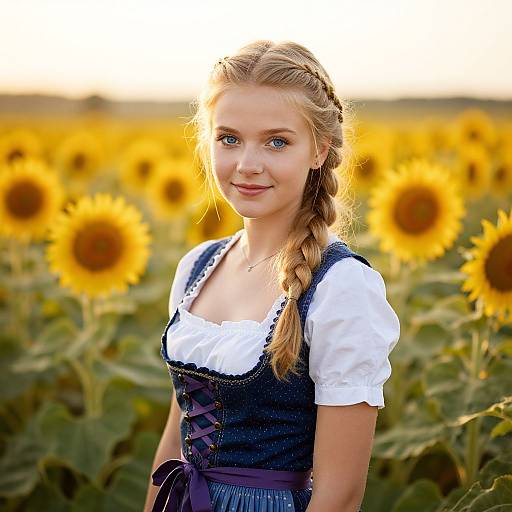 Photograph of a young blonde woman with blue eyes, braided hair, wearing a white blouse and blue dirndl, standing in a sunflower field