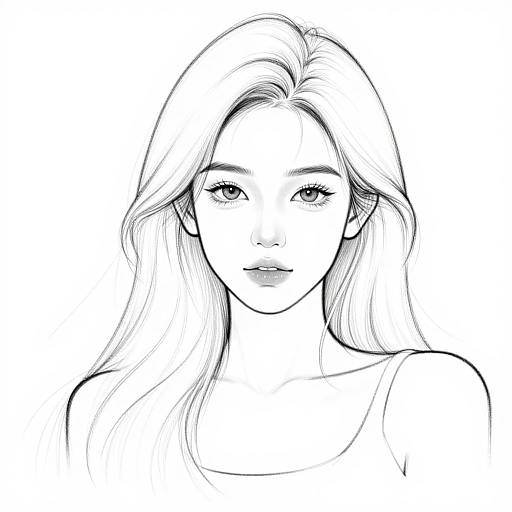 Black-and-white digital line drawing of a young woman with long, flowing hair, almond-shaped eyes, and subtle smile, wearing a simple top.