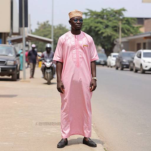 Photograph of a tall, dark-skinned man in a pink traditional tunic and straw hat, standing on a sunny urban street.