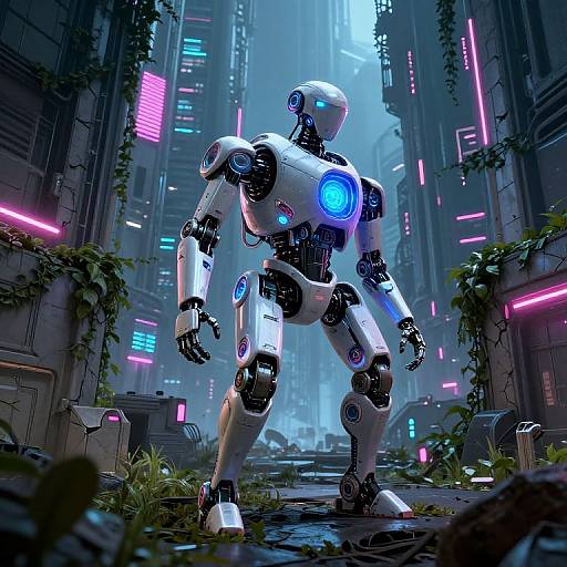 Cybernetic humanoid robot with glowing blue chest and joints stands in a neon-lit, futuristic, urban alleyway with vines. Digital art.