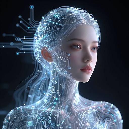Digital CGI portrait of a pale-skinned woman with glowing blue circuitry patterns on her head and neck, set against a dark background. She gazes