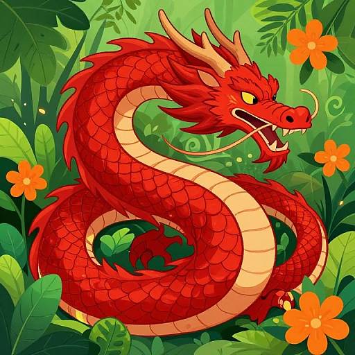 Vibrant Red Dragon Among Lush Foliage