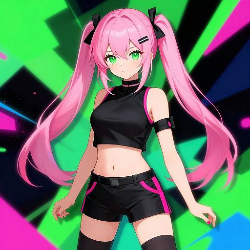 Digital anime drawing of a pink-haired girl with green eyes, wearing a black crop top and shorts, with neon green and pink background.