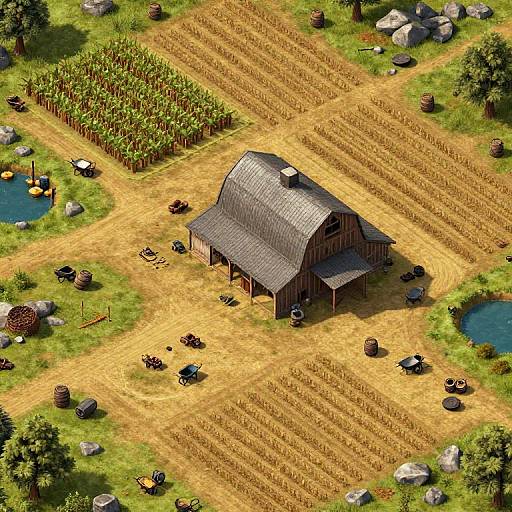 Aerial photograph of a rustic wooden barn in a sunlit farm with harvested fields, scattered barrels, trees, ponds, and rock formations.