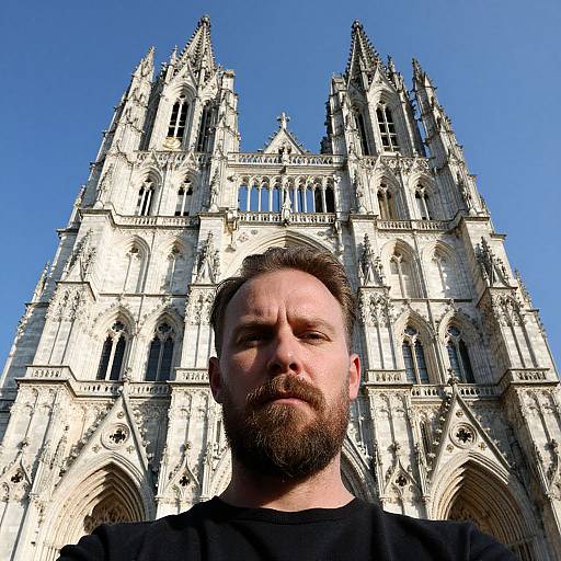 Photograph of a bearded man with short brown hair, wearing a black shirt, standing in front of a towering Gothic cathedral with intricate white stone architecture