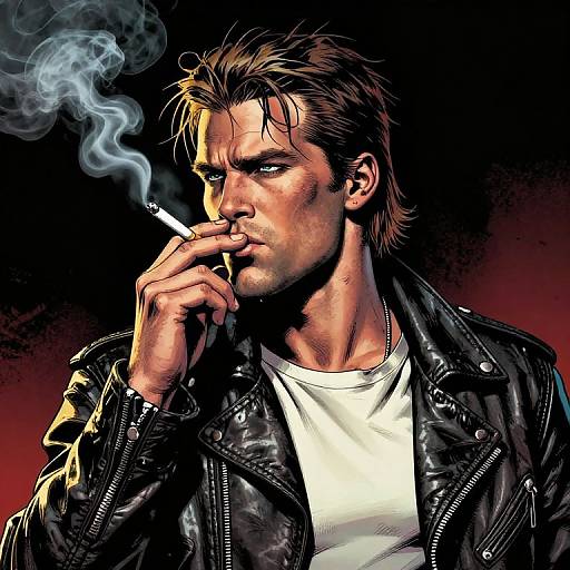 Digital illustration of a serious, muscular man with short brown hair, smoking a cigarette, wearing a black leather jacket over a white t-shirt, with swirling
