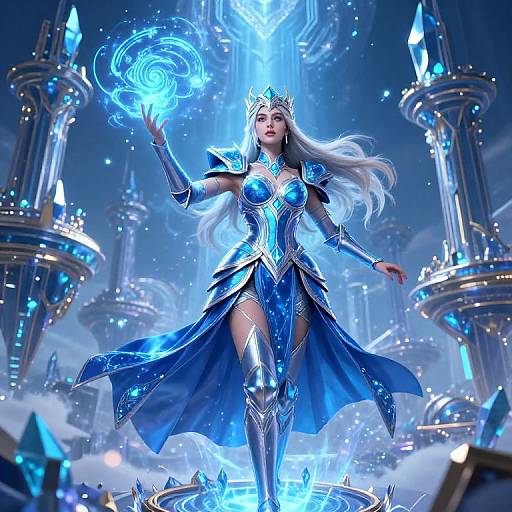 Digital fantasy artwork of a silver-haired, blue-eyed queen in shimmering blue armor, casting a glowing spell in a futuristic, crystal-filled cathedral.