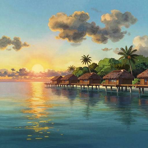 Colorful digital painting of a serene sunset over a calm ocean, featuring thatched-roof overwater bungalows with palm trees, and reflected golden