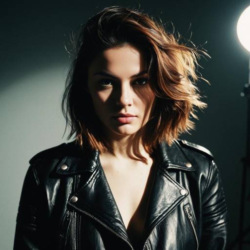 Woman with Off-Center Part Hairstyle in Leather Jacket