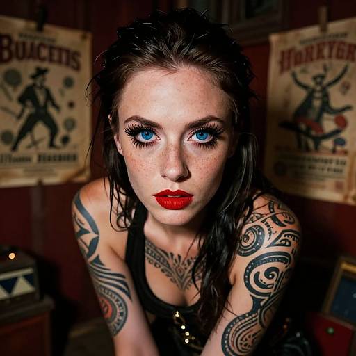 Photograph of a heavily tattooed, pale-skinned woman with blue eyes, wet black hair, and red lipstick, leaning forward in a dimly