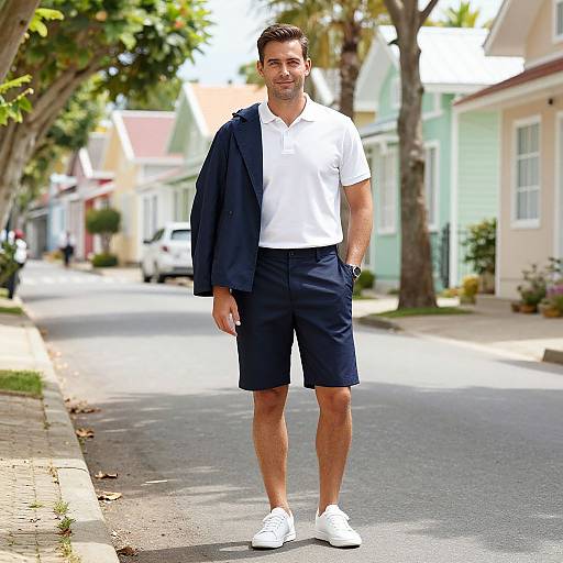 Photograph of a smiling man with short brown hair, wearing a white polo, navy shorts, white sneakers, and a navy jacket, standing on a