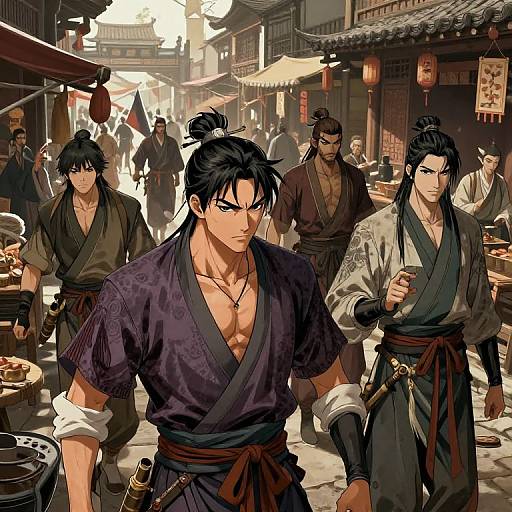 Anime-style digital illustration of muscular samurai in traditional Japanese attire, standing in a bustling, sunlit market street with other samurai and vendors.